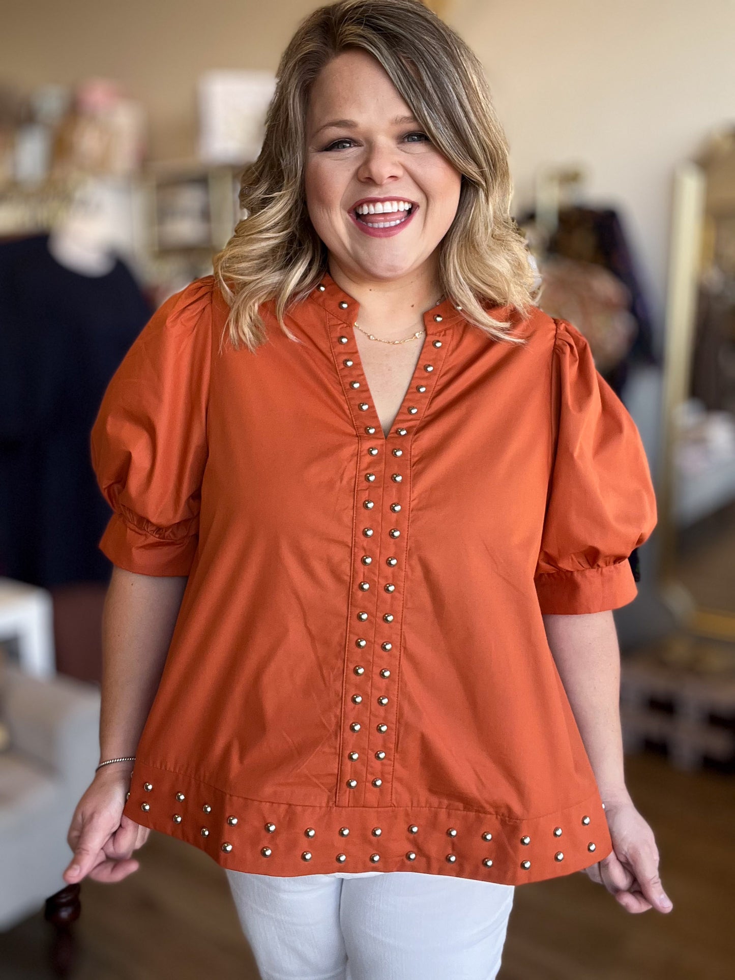 Hey there, Stud Curvy Copper Studded Shirt
