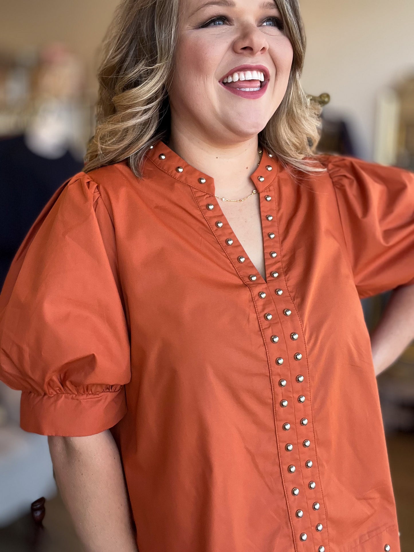 Hey there, Stud Curvy Copper Studded Shirt
