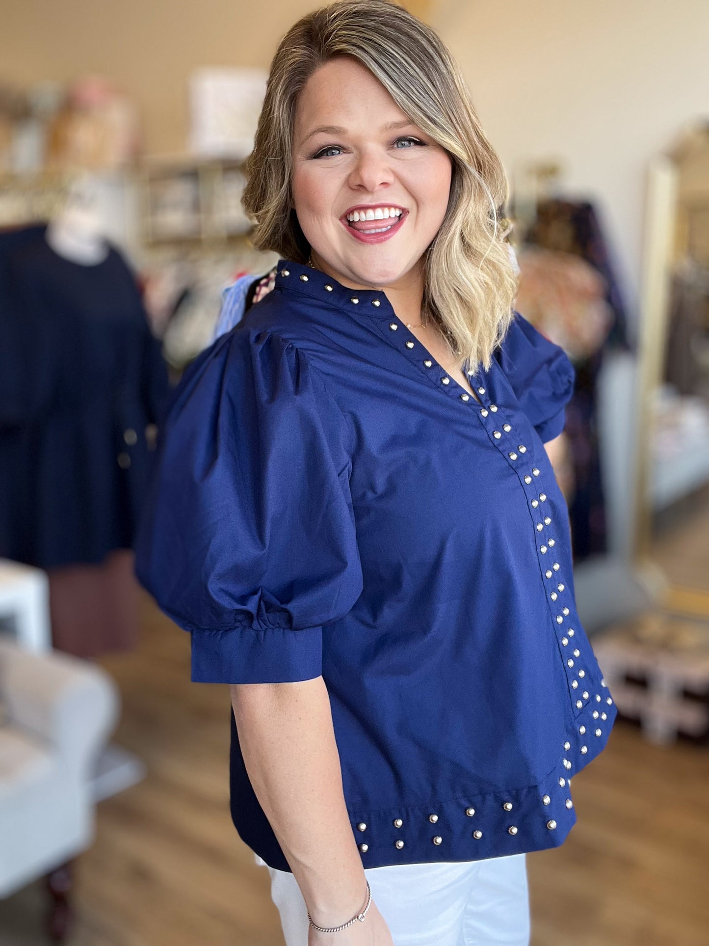 Hey there, Stud Curvy Navy Studded Shirt