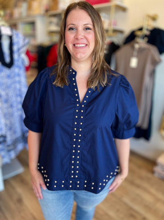 Hey there, Stud Curvy Navy Studded Shirt