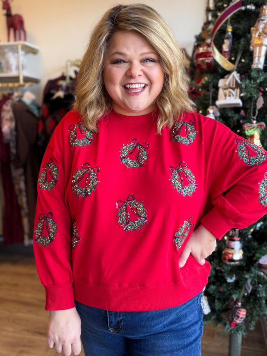 Holiday Style Curvy Cropped Beaded Wreath Sweatshirt