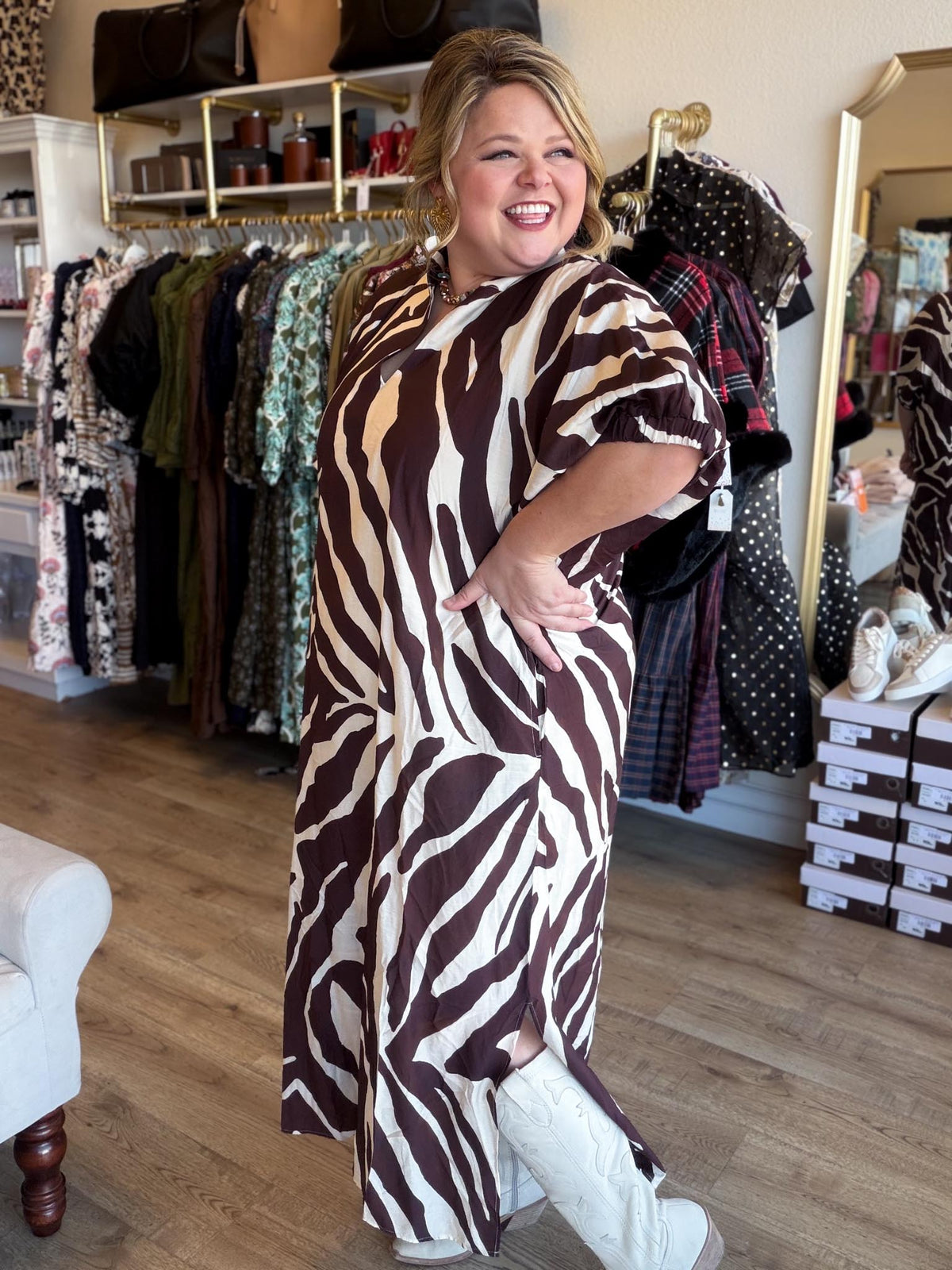 Holiday in the Wild Curvy Brown Zebra Midi Dress