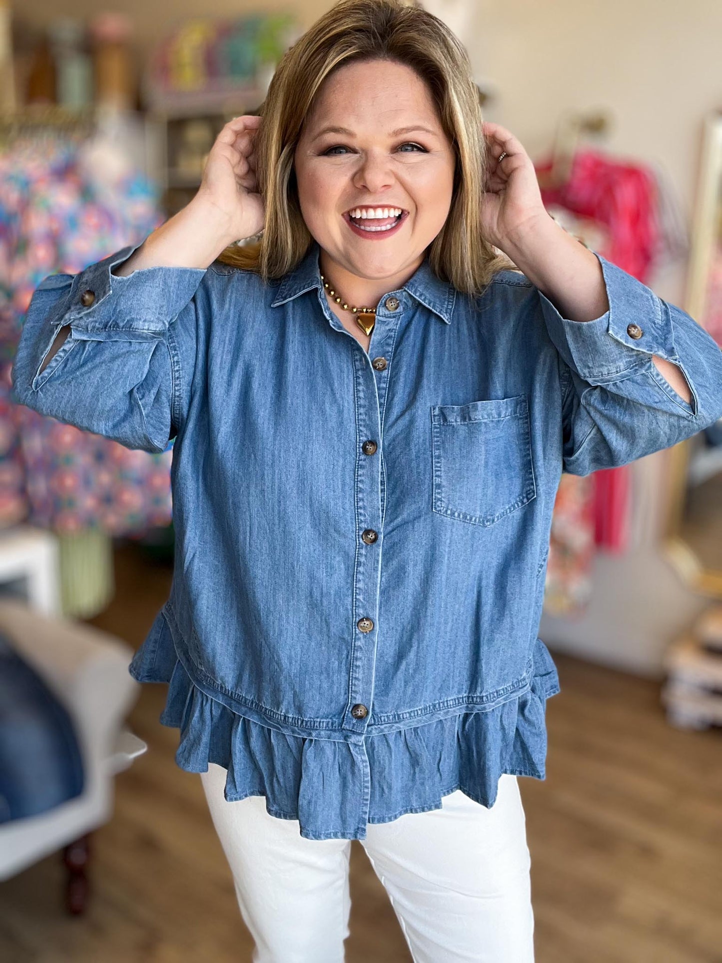 Hometown Honey Plus-Size Denim Ruffle Top