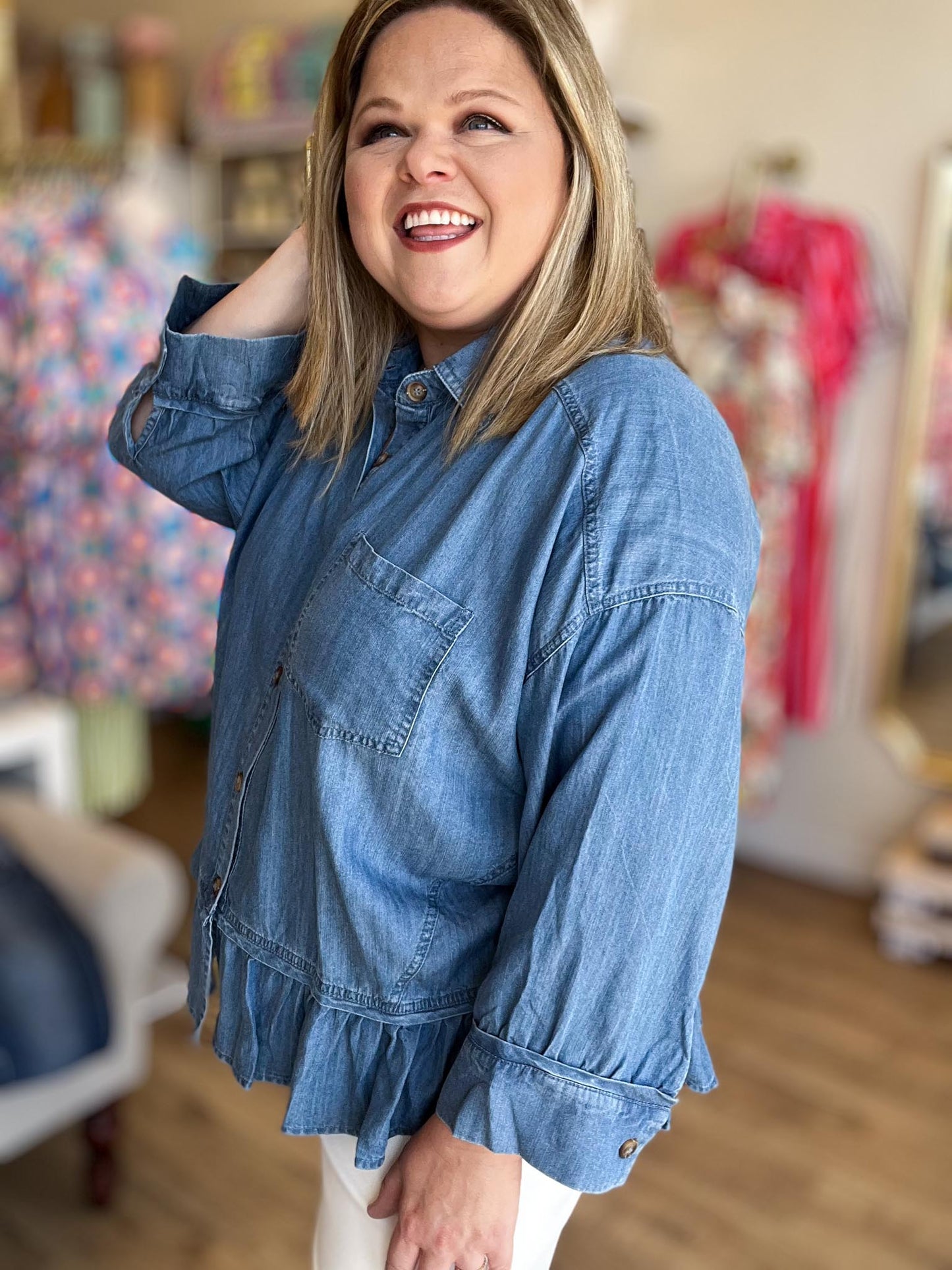 Hometown Honey Plus-Size Denim Ruffle Top