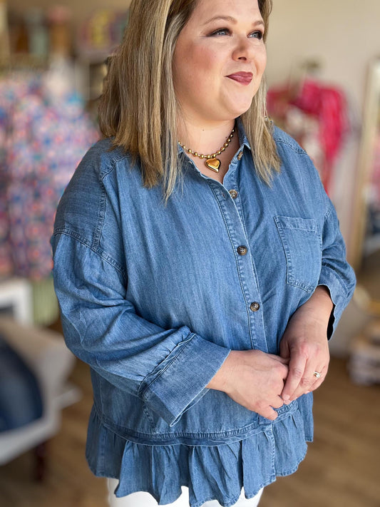Hometown Honey Plus-Size Denim Ruffle Top