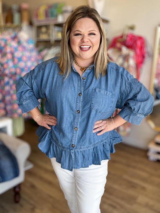 Hometown Honey Plus-Size Denim Ruffle Top