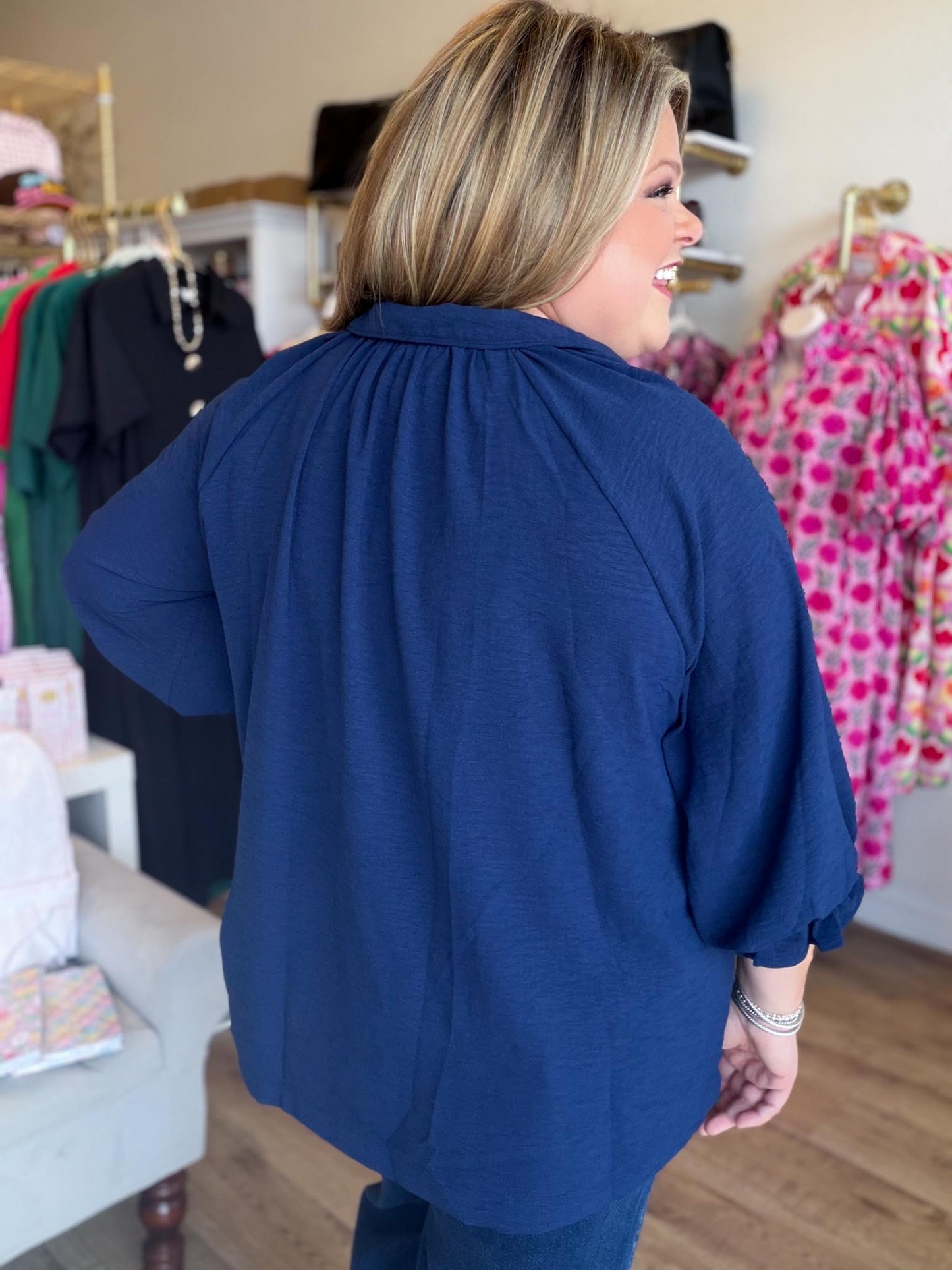Indigo Grace Curvy Navy V-Neck Top