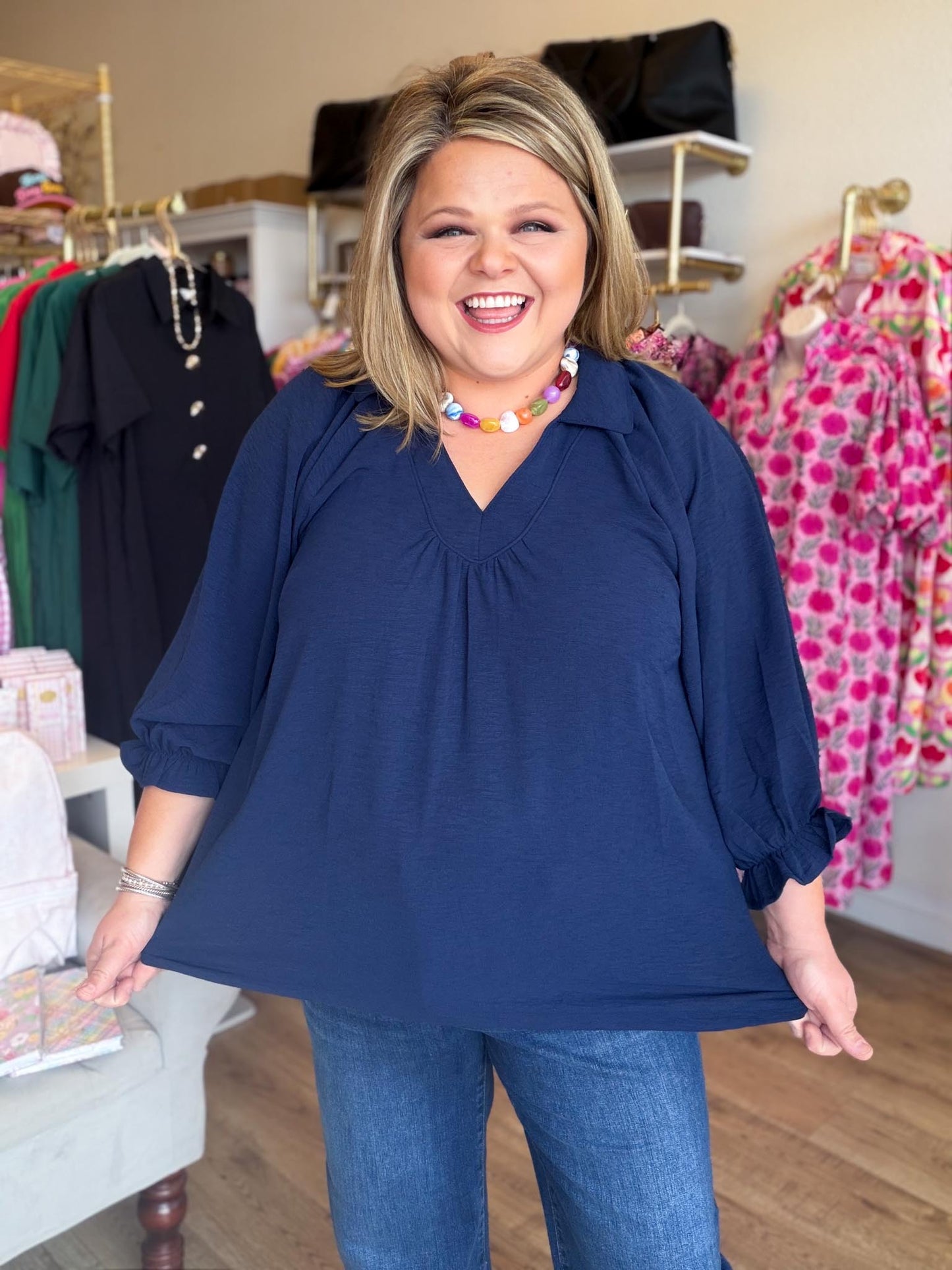 Indigo Grace Curvy Navy V-Neck Top
