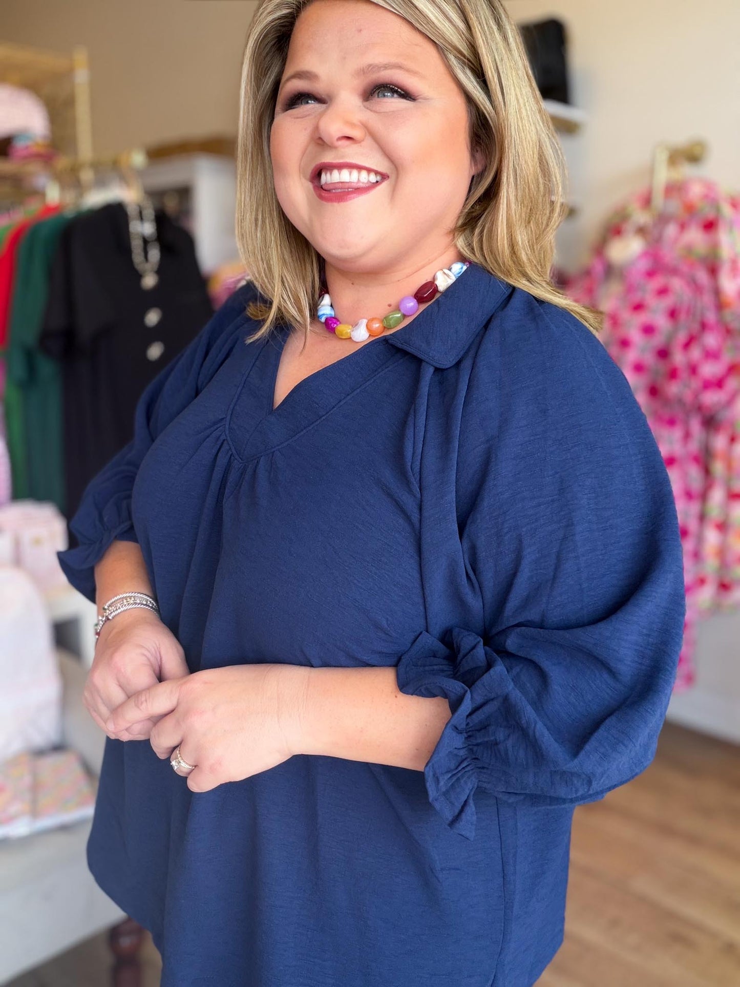 Indigo Grace Curvy Navy V-Neck Top