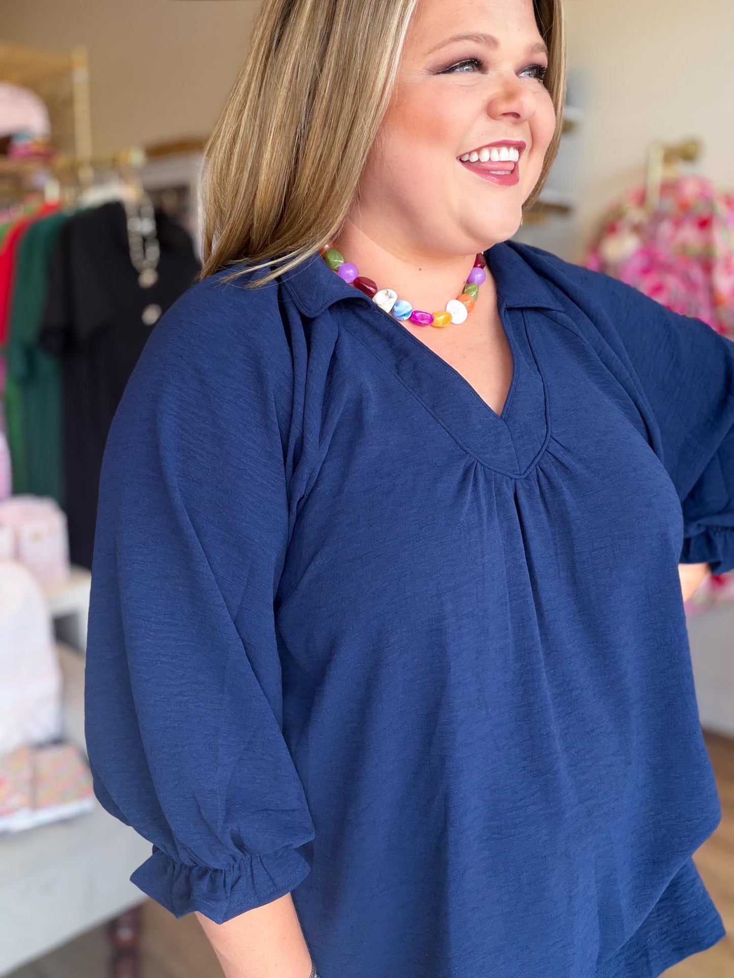 Indigo Grace Curvy Navy V-Neck Top