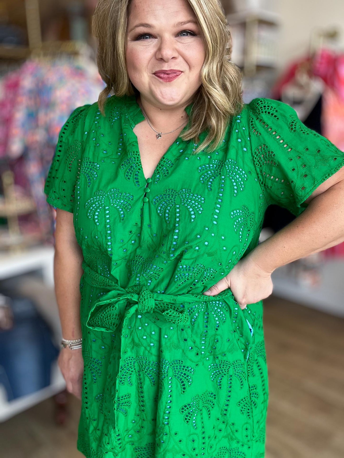 Island State of Mind Plus-Size Green Palm Eyelet Dress