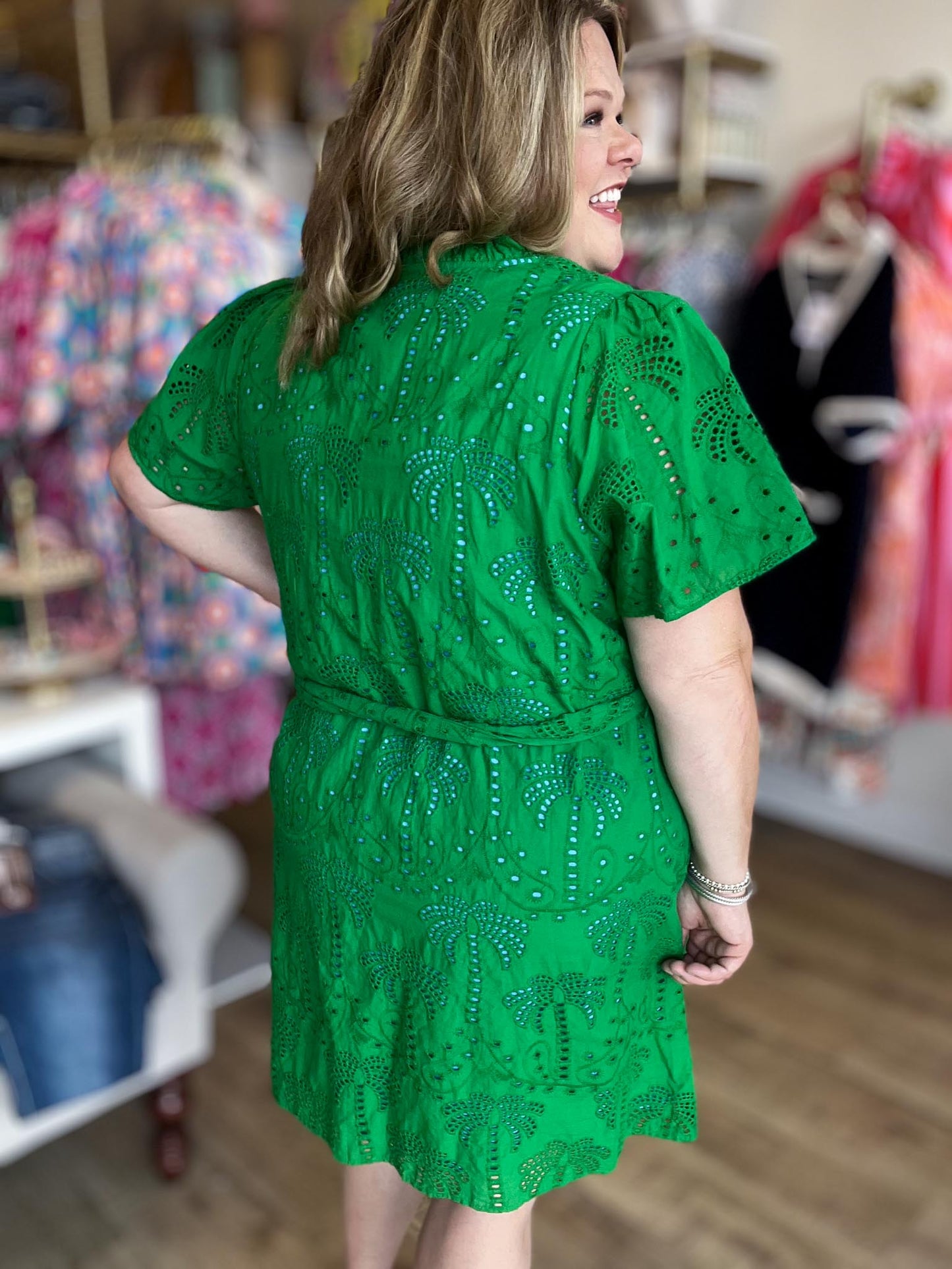 Island State of Mind Plus-Size Green Palm Eyelet Dress