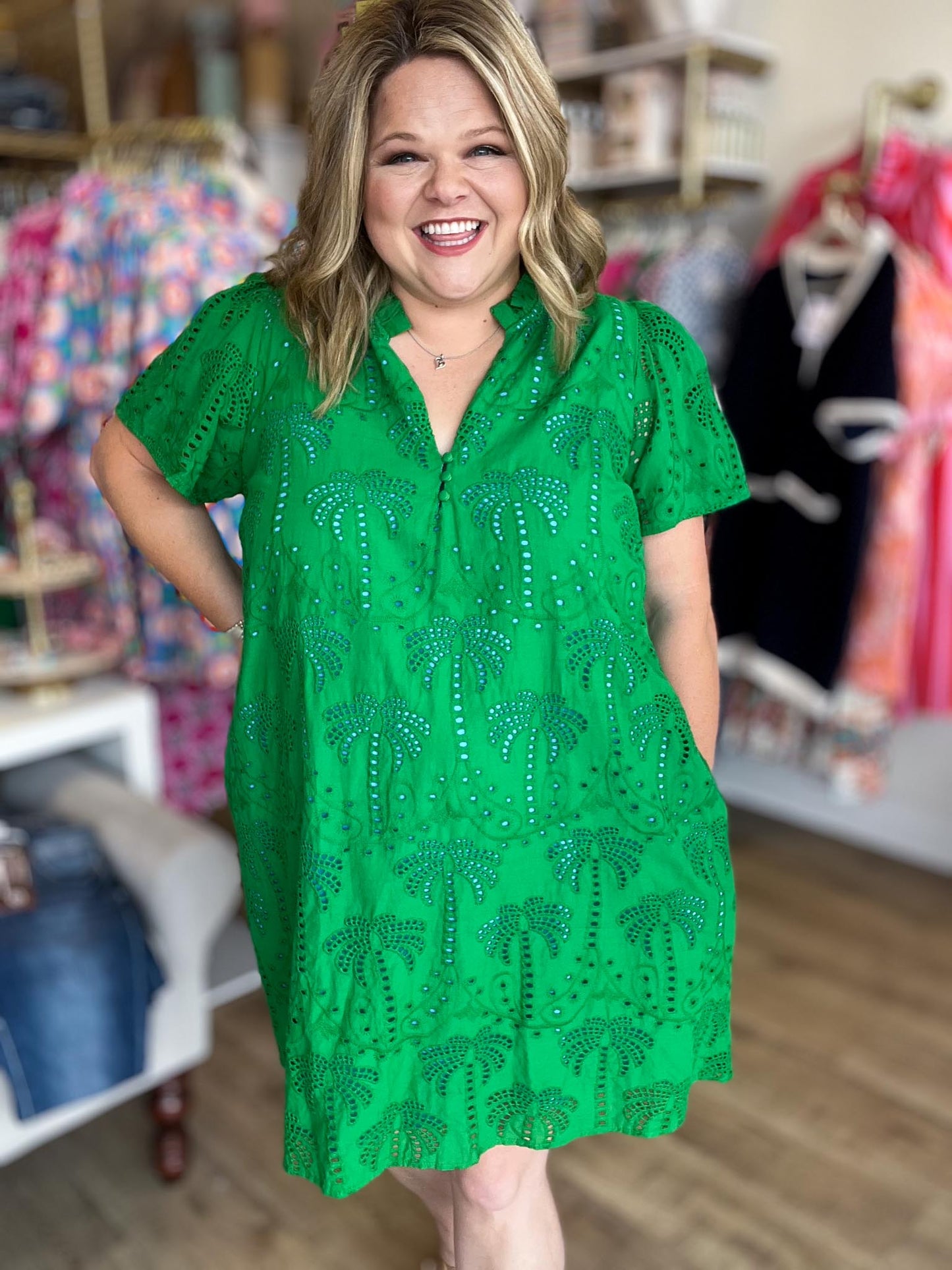 Island State of Mind Plus-Size Green Palm Eyelet Dress