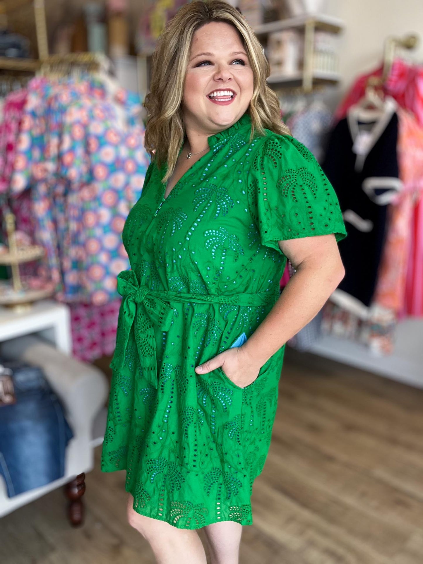 Island State of Mind Plus-Size Green Palm Eyelet Dress