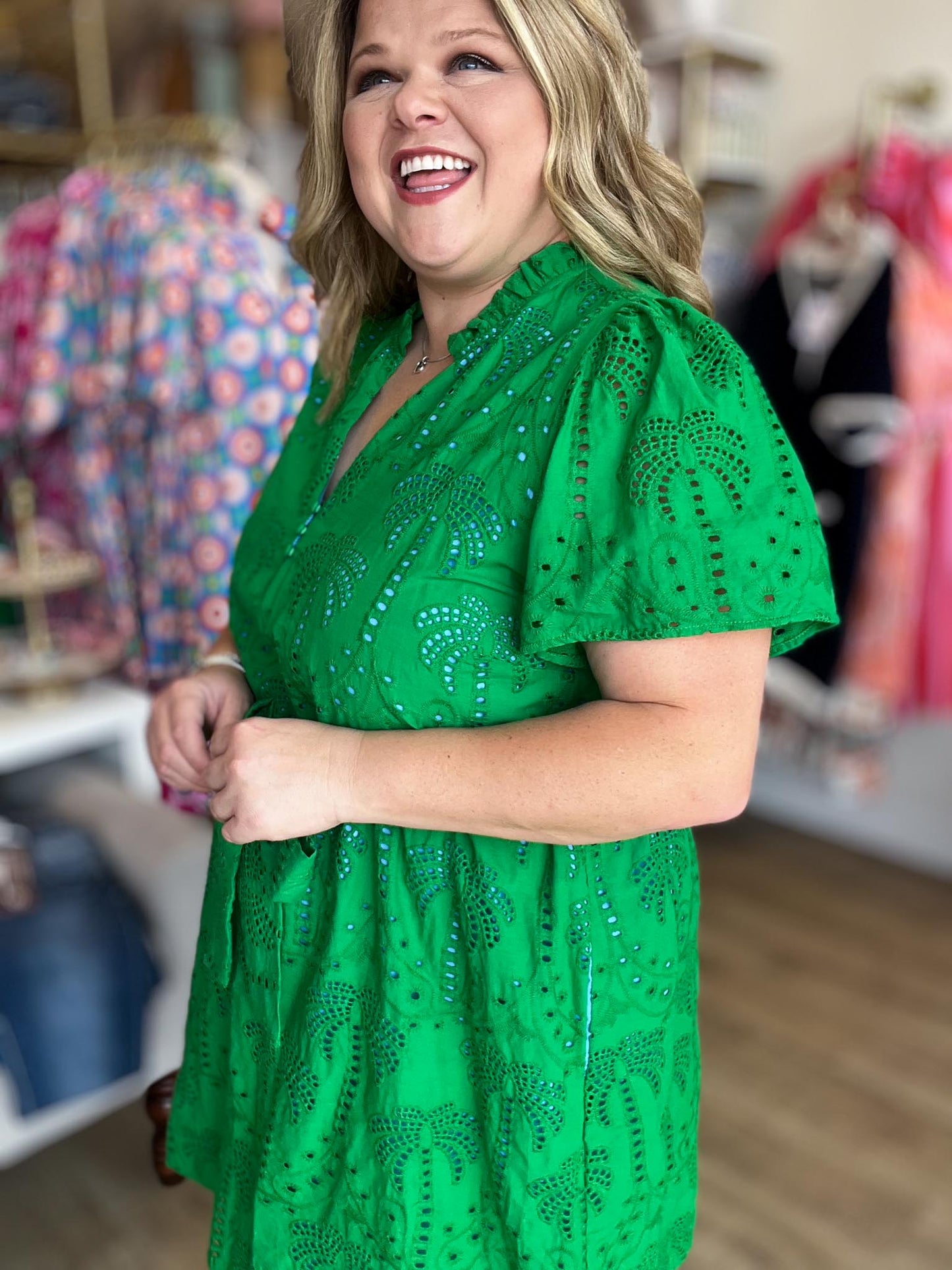 Island State of Mind Plus-Size Green Palm Eyelet Dress