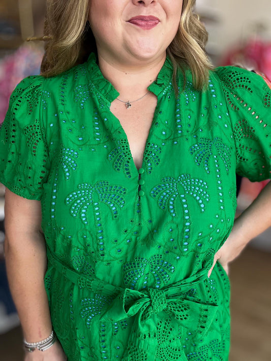 Island State of Mind Plus-Size Green Palm Eyelet Dress
