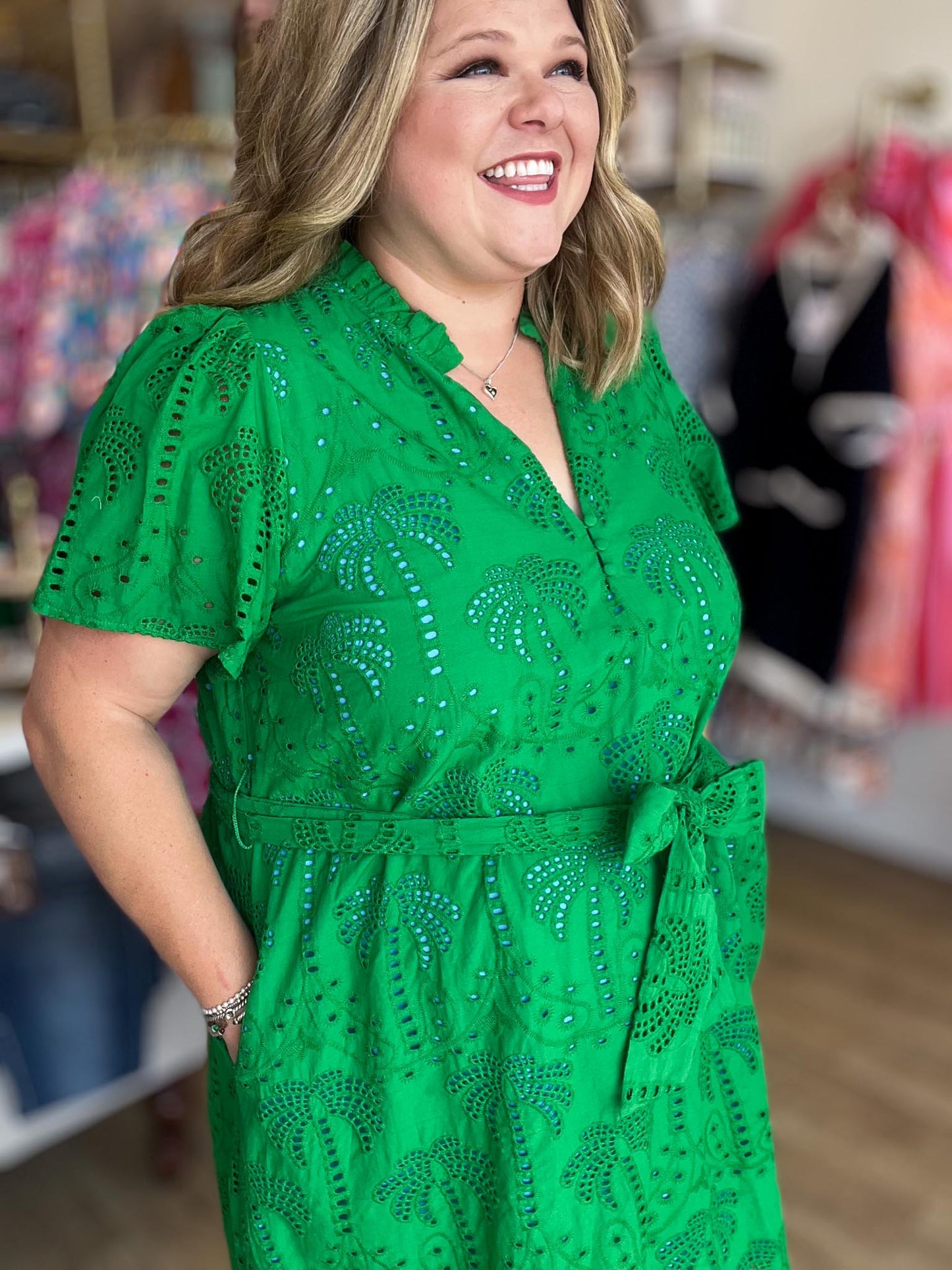 Island State of Mind Plus-Size Green Palm Eyelet Dress