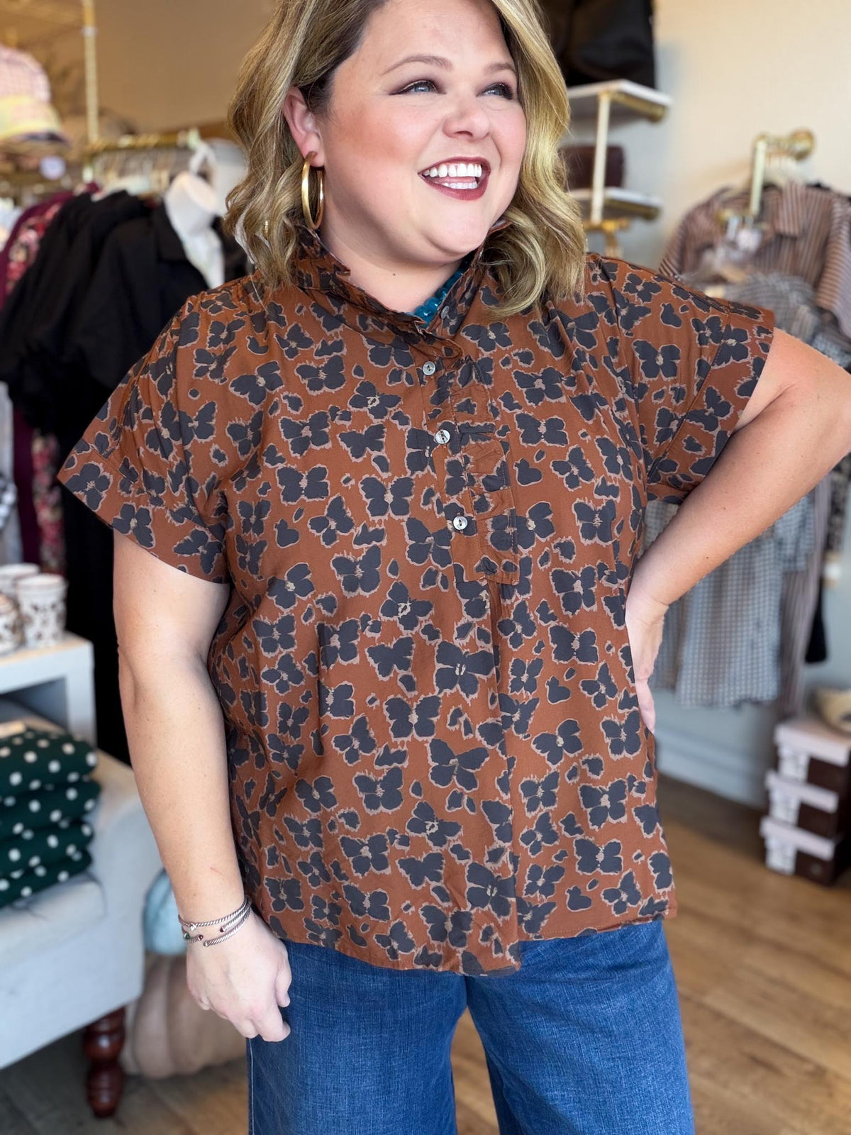 It's Butterfly Season Curvy Brown Top