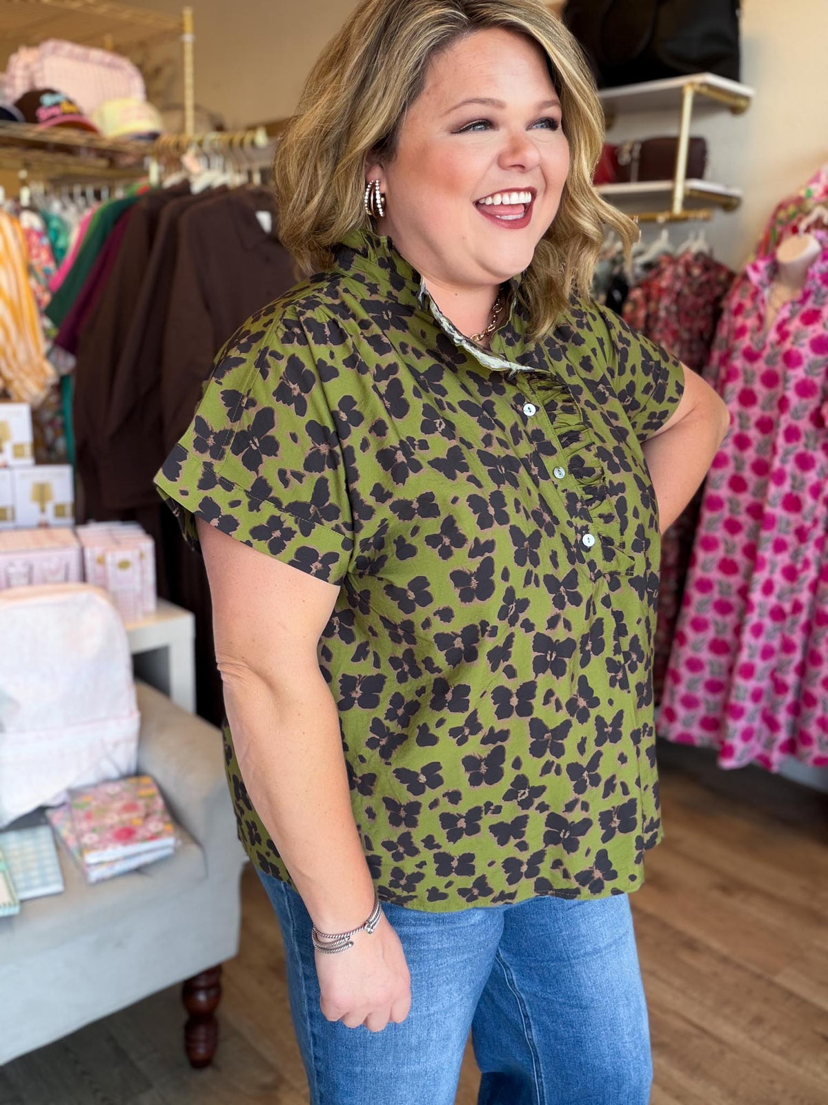 It's Butterfly Season Curvy Olive Top