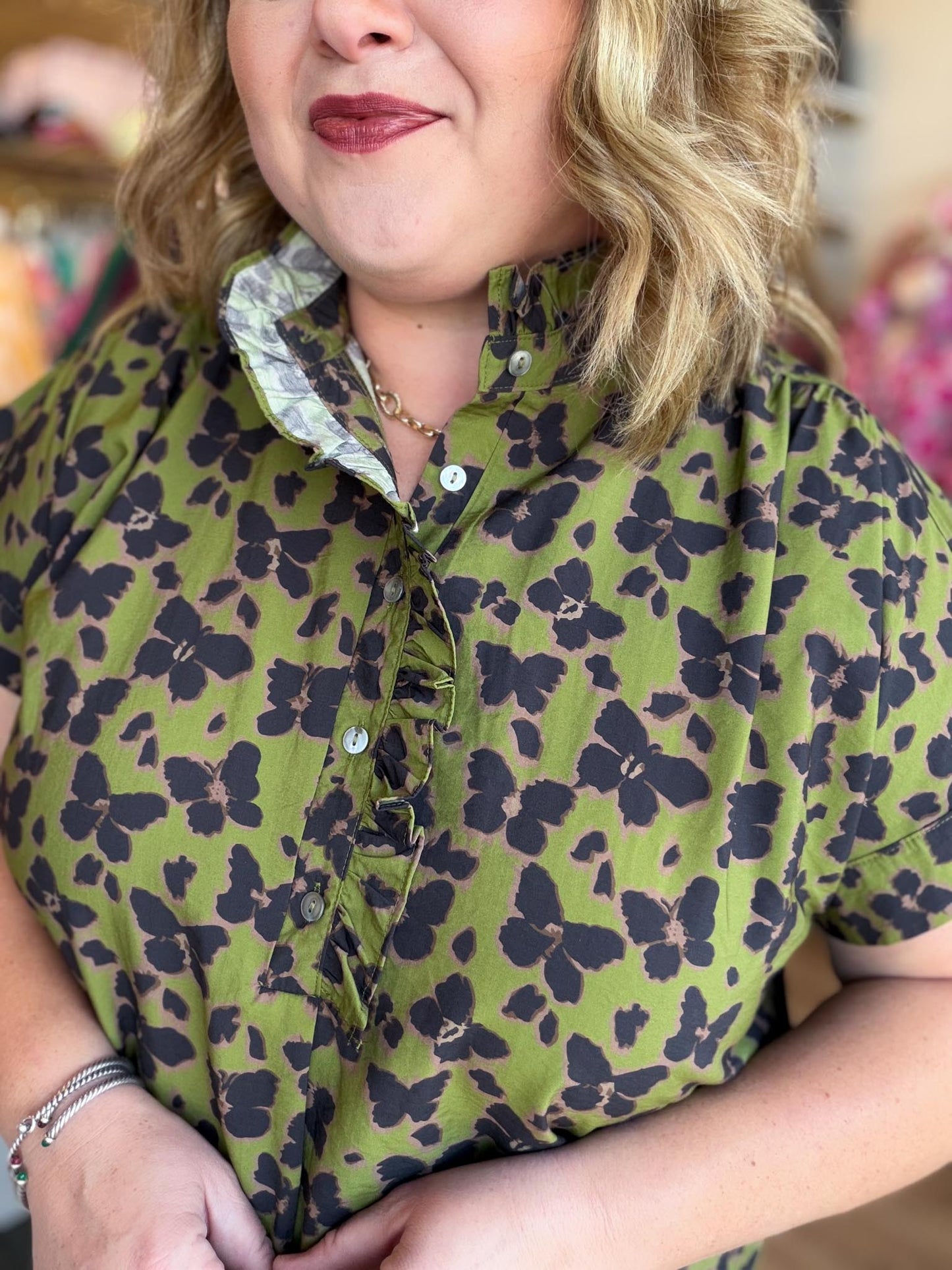 It's Butterfly Season Curvy Olive Top