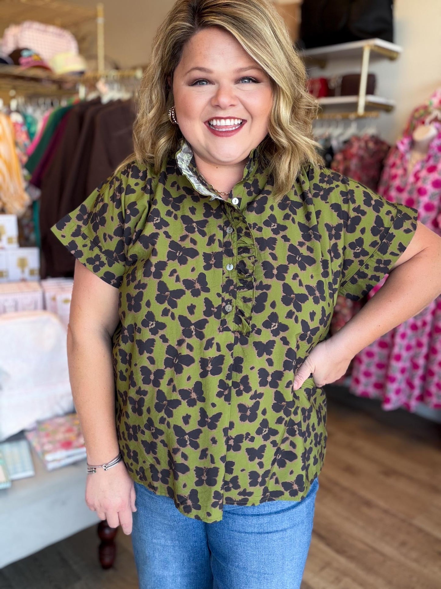 It's Butterfly Season Curvy Olive Top