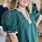 Jaded Curvy Forest Green Top with Cheetah Trim
