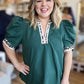 Jaded Curvy Forest Green Top with Cheetah Trim