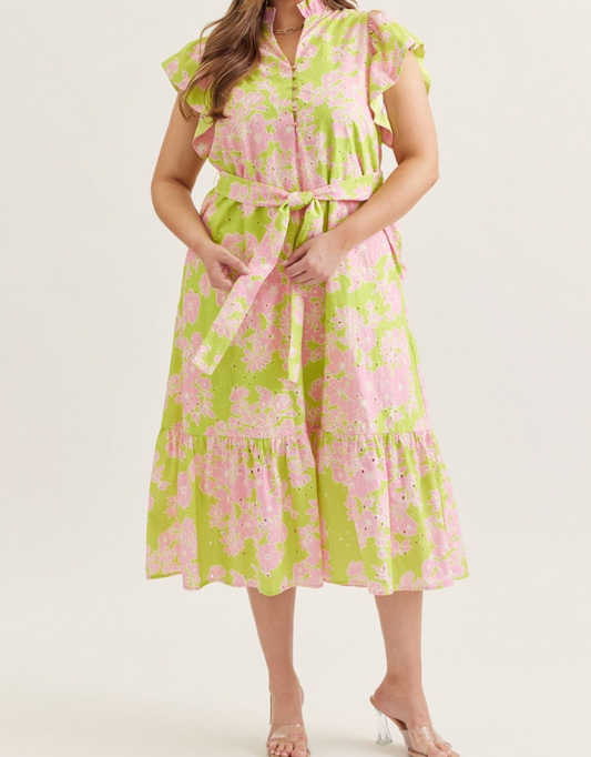 Easter Morning Curvy Green Floral Midi Dress
