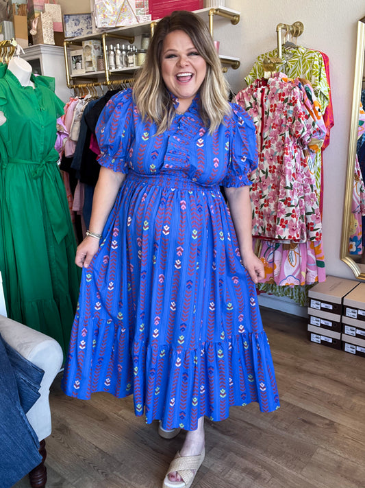 "Bloom Where You are Planted" Curvy Blue Vine Floral Maxi Dress