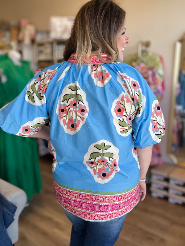 "Floral Fiesta" Curvy Bright Blue Floral Top