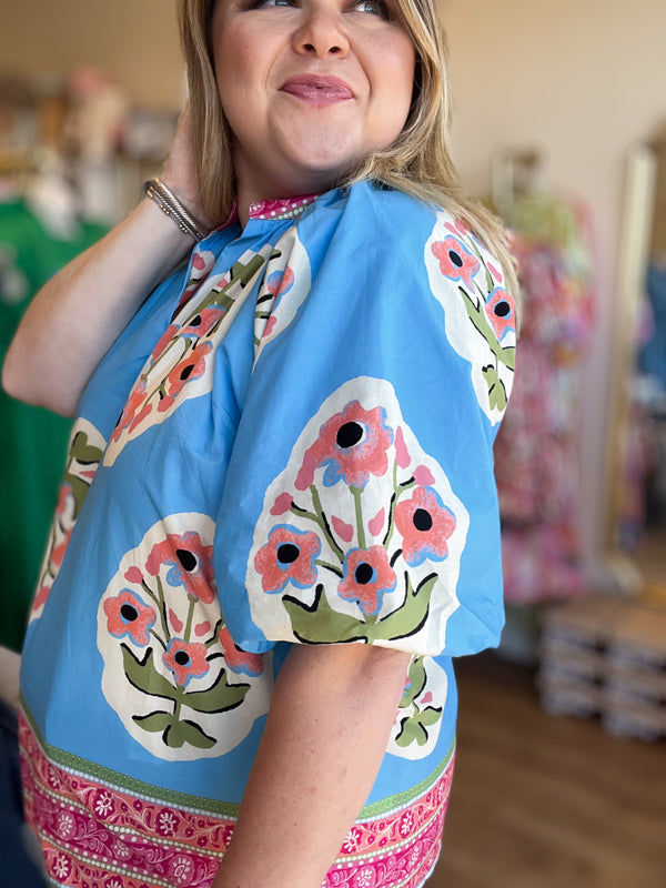 "Floral Fiesta" Curvy Bright Blue Floral Top