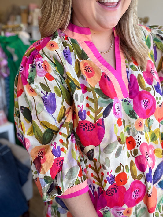 "Wildflower in a Field of Roses' Curvy Floral Contrast Trim Dress