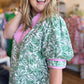 "Gardens of Grace" Curvy Green Floral Top with Pink Trim