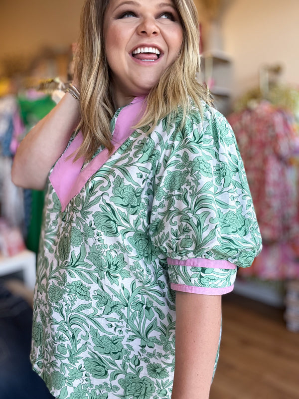 "Gardens of Grace" Curvy Green Floral Top with Pink Trim