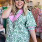"Gardens of Grace" Curvy Green Floral Top with Pink Trim