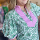 "Gardens of Grace" Curvy Green Floral Top with Pink Trim