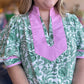"Gardens of Grace" Curvy Green Floral Top with Pink Trim