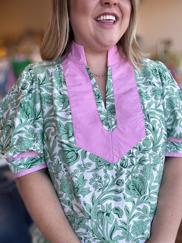 "Gardens of Grace" Curvy Green Floral Top with Pink Trim