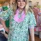 "Gardens of Grace" Curvy Green Floral Top with Pink Trim