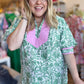 "Gardens of Grace" Curvy Green Floral Top with Pink Trim