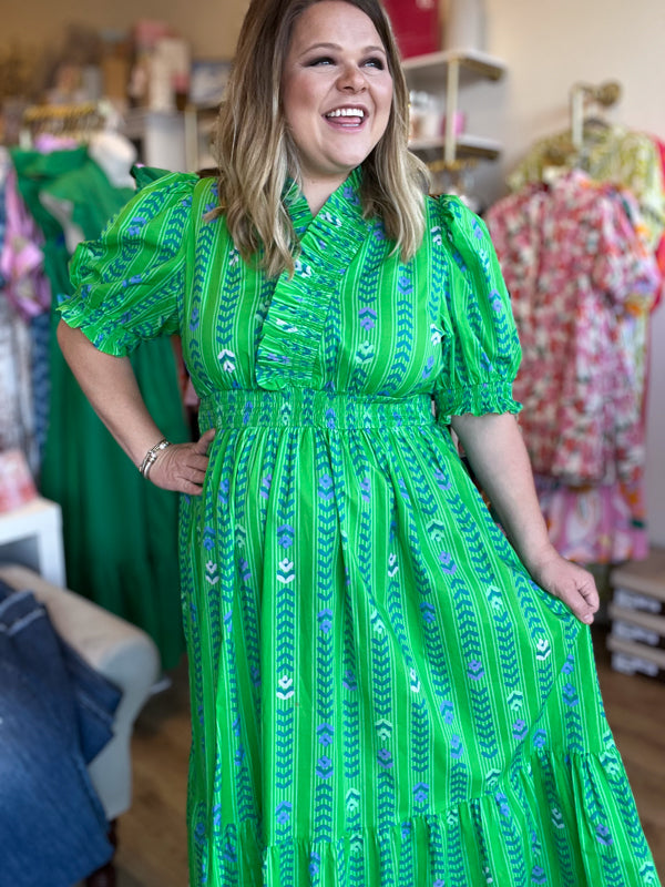 "Bloom Where You Are Planted" Curvy Green Vine Floral Maxi Dress