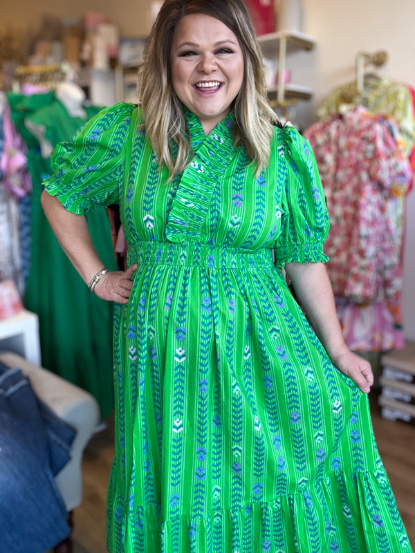"Bloom Where You Are Planted" Curvy Green Vine Floral Maxi Dress