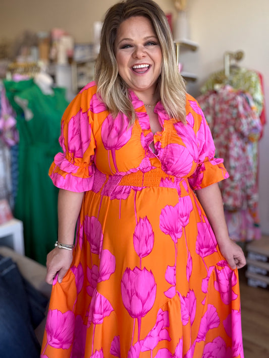 "Blooming Beauty" Curvy Orange & Pink Floral Maxi