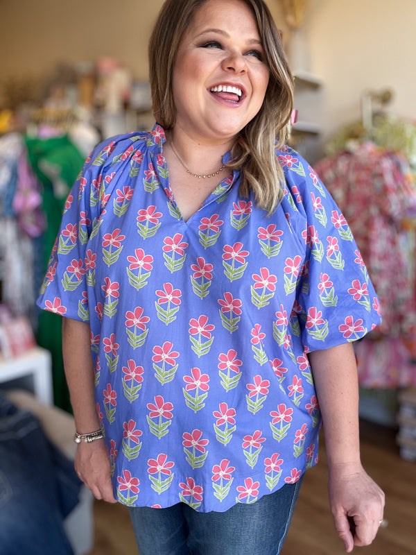 "Playful Periwinkles" Curvy Floral Top