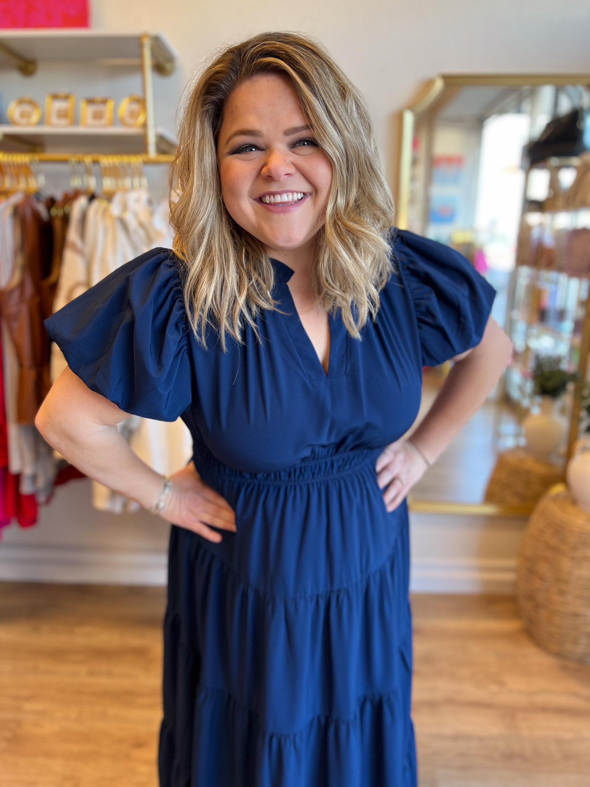 navy tiered maxi dress Navy Blue Notched Neck High Waist Tiered Maxi Dress