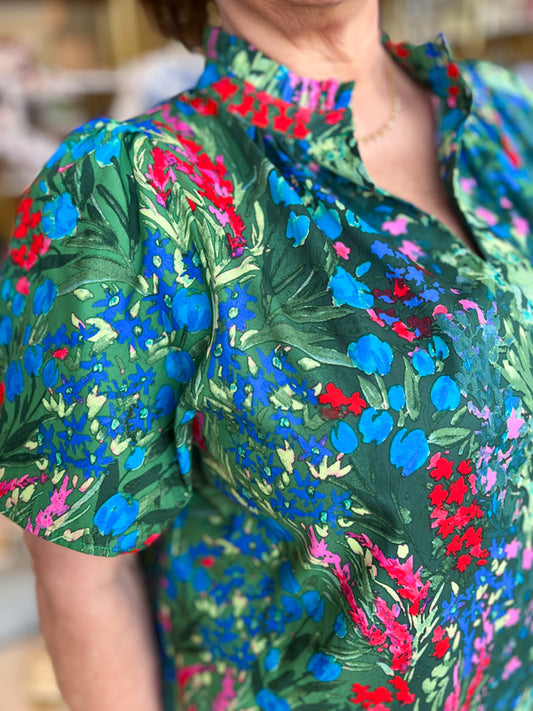 "Blossom in Style" Plus-Size Green Floral Split Neck Top