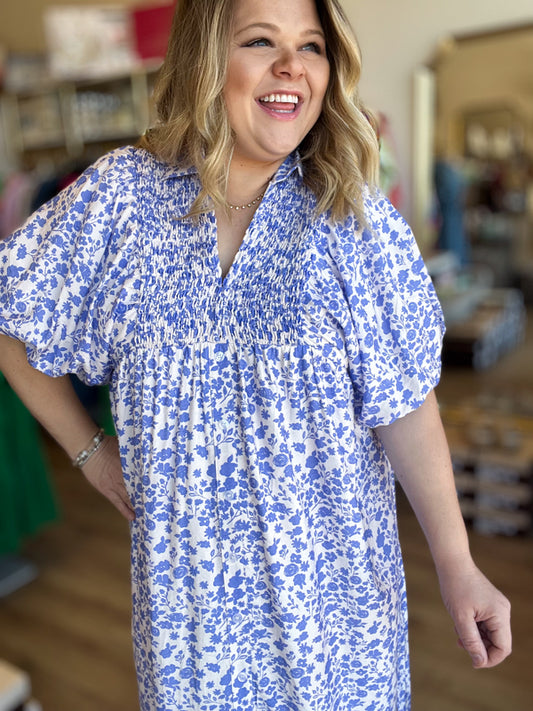 RESTOCKED! "Bluebonnets in Spring" Curvy Floral Midi Dress