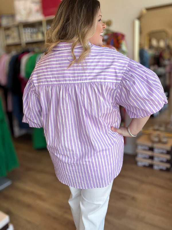 "Classy + Sassy" Plus-Size Lavender Stripe Top