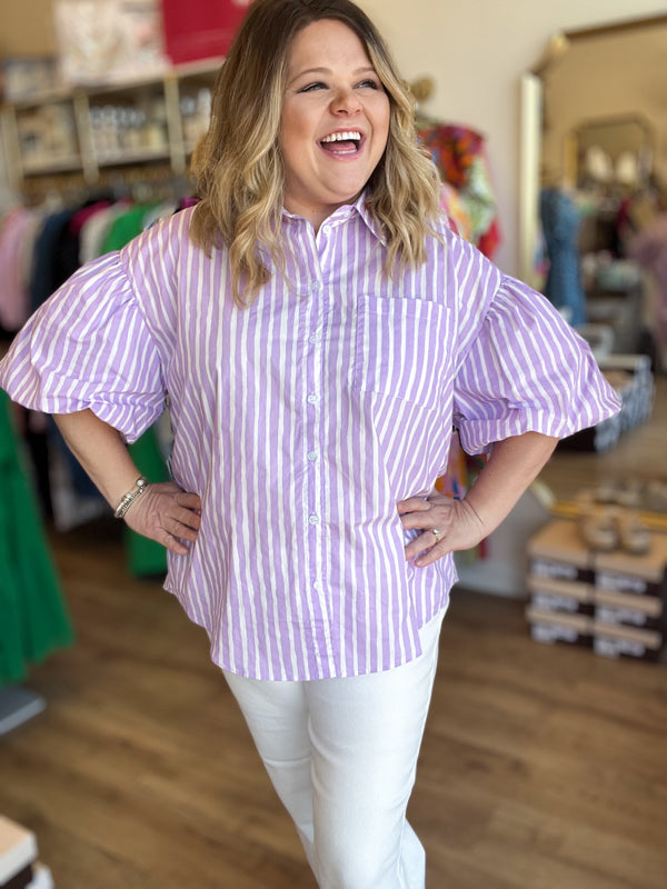 "Classy + Sassy" Plus-Size Lavender Stripe Top