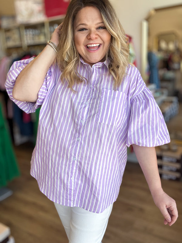 "Classy + Sassy" Plus-Size Lavender Stripe Top